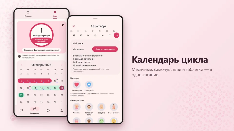 Календарь цикла с прогнозами и отметками дня